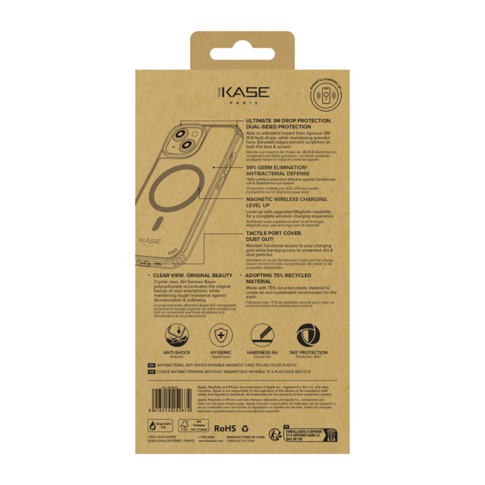 Coque antibact&eacute;rienne antichoc magn&eacute;tique invisible Fabriqu&eacute; Avec du 75% Plastique Recycl&eacute; pour Apple iPhone 15, Transparente
