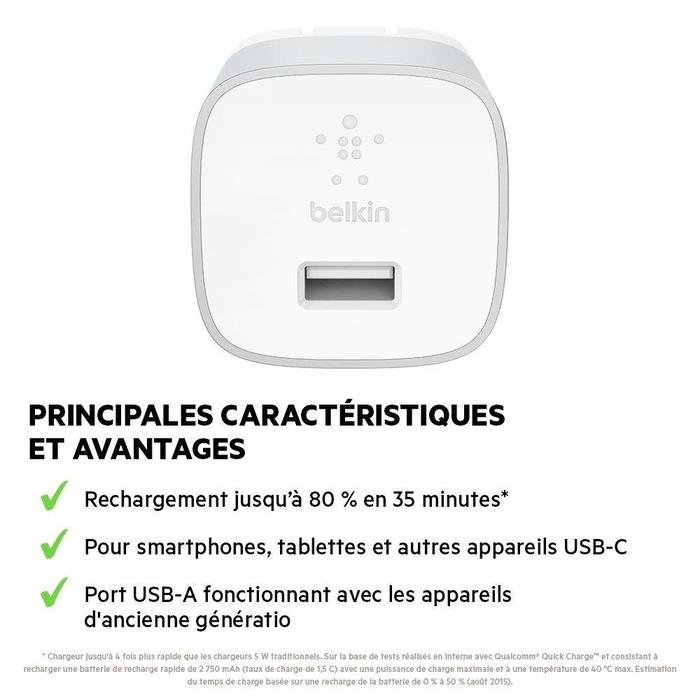 Chargeur secteur BOOST&uarr;UP&trade; Quick Charge&trade; 3.0 de Qualcomm&reg; avec c&acirc;ble USB-C&trade;