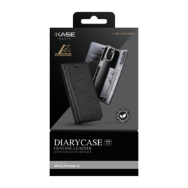Diarycase 2.0 Coque clapet en cuir v&eacute;ritable avec support aimant&eacute; et fabriqu&eacute; avec un &eacute;tui en plastique recycl&eacute; pour Apple iPhone 15, Noir Minuit