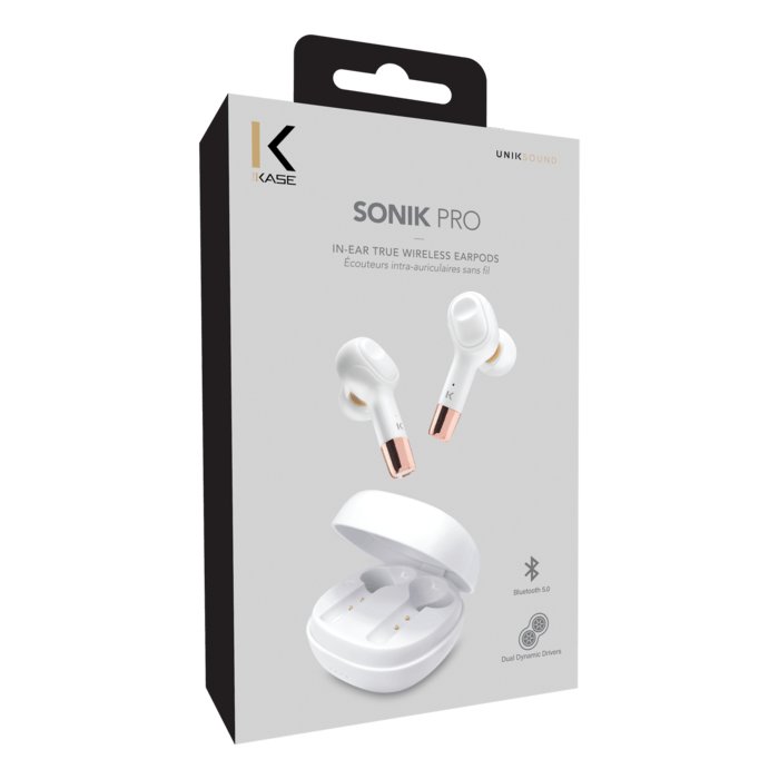 &Eacute;couteurs sans fil Sonik Pro intra-auriculaires avec bo&icirc;tier de chargement, Blanc perle