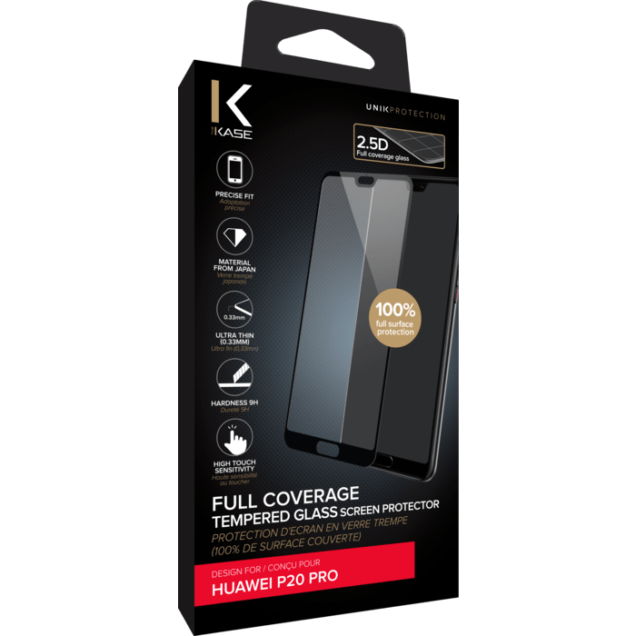 Protection d'&eacute;cran en verre tremp&eacute; (100% de surface couverte) pour Huawei P20 Pro, Noir