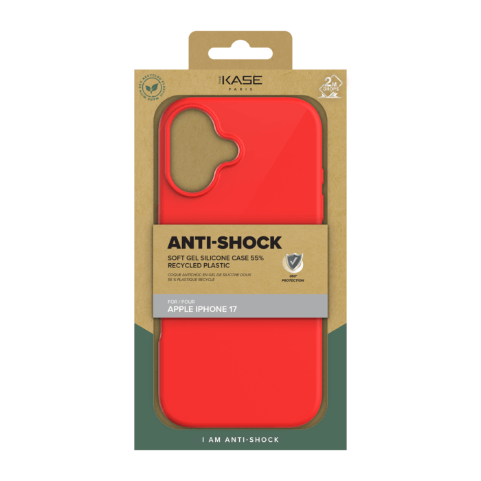 Coque antichoc en gel de silicone doux pour 55% de plastique recycl&eacute; Apple iPhone 17, Rouge Ardent