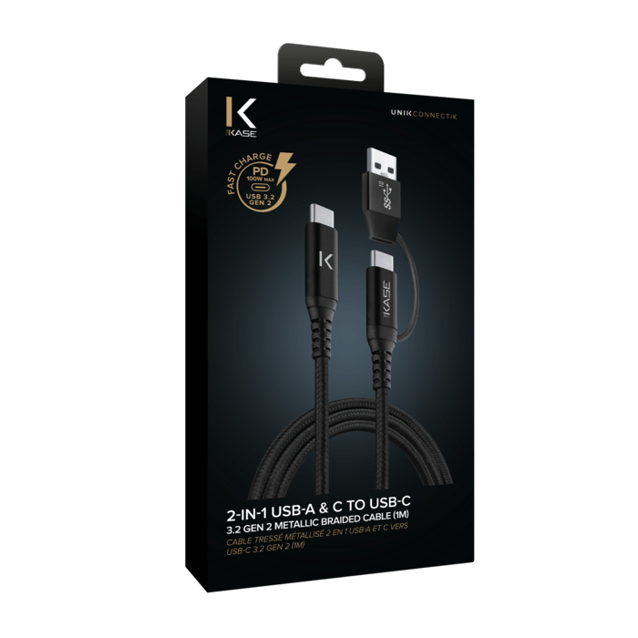 2-in-1 USB-A & C to USB-C 3.2 GEN 2 Metallic Braided Cable (1M)