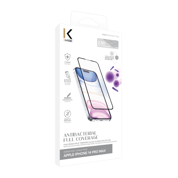 Protection d&rsquo;&eacute;cran antibact&eacute;rienne en verre tremp&eacute; ultra-r&eacute;sistant (100% de surface couverte) pour Apple iPhone 14 Pro Max, Noir