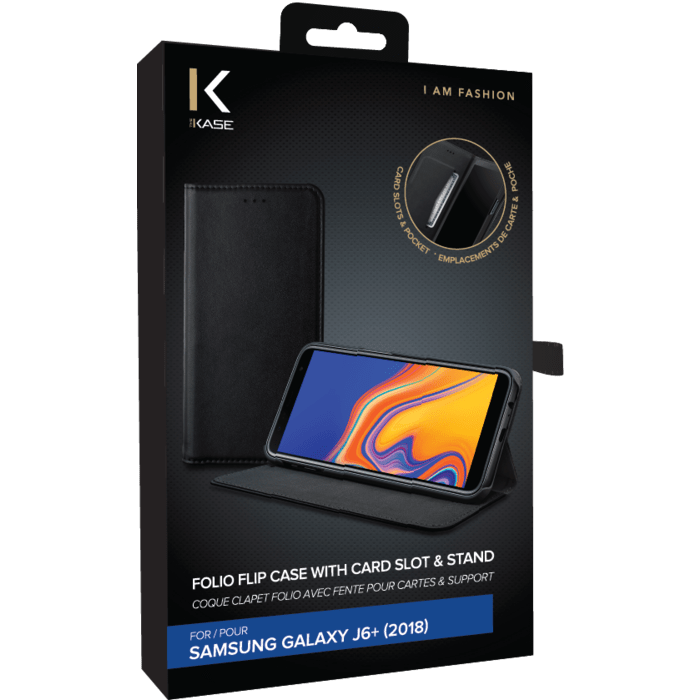 Coque clapet folio avec fente pour cartes & support pour Samsung Galaxy  J6+ 2018, Noir