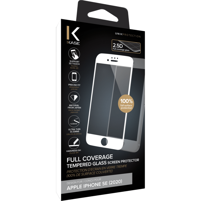Protection d'&eacute;cran en verre tremp&eacute; (100% de surface couverte) pour Apple iPhone SE 2020, Blanc
