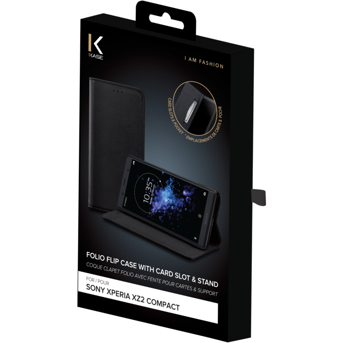 Coque clapet folio avec fente pour cartes & support pour Sony Xperia XZ2 Compact, Noir
