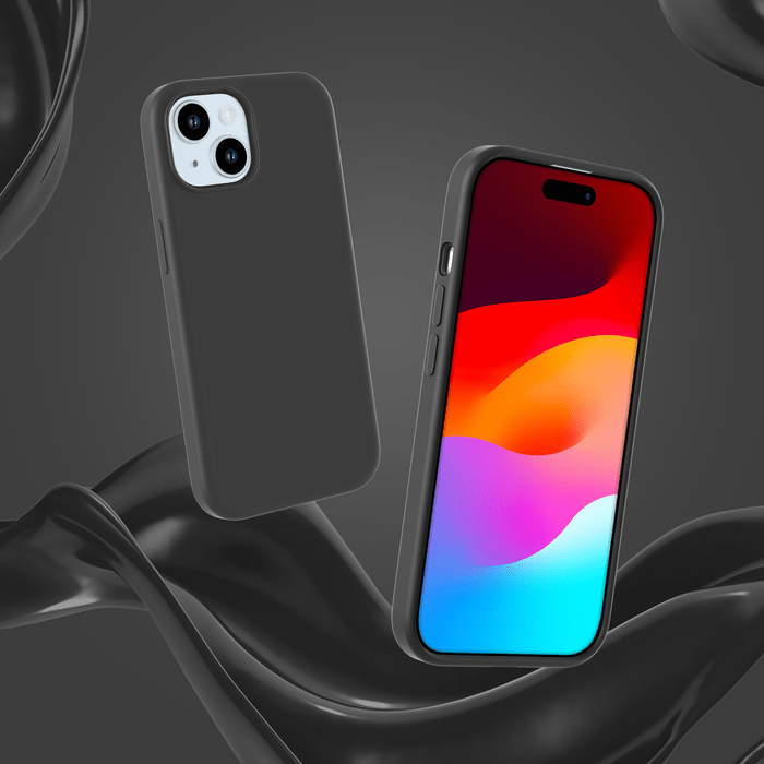Coque antichoc en gel de silicone doux pour 55% de plastique recyclé Apple iPhone 15, Noir satin