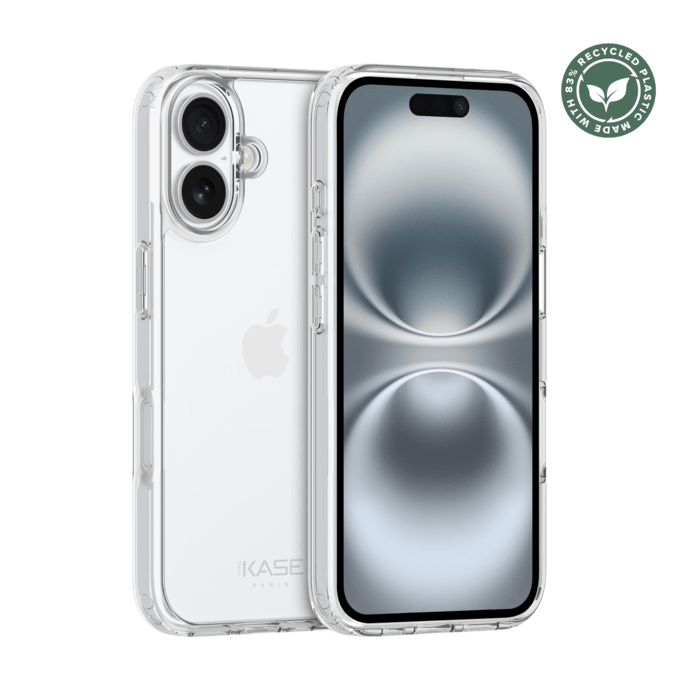 Coque hybride invisible fabriqu&eacute;e &agrave; 83 % de plastique recycl&eacute; pour Apple iPhone 16, transparente