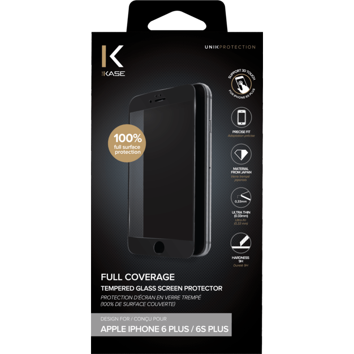 Protection d'&eacute;cran en verre tremp&eacute; (100% de surface couverte) pour iPhone 6/6s Plus, Noir