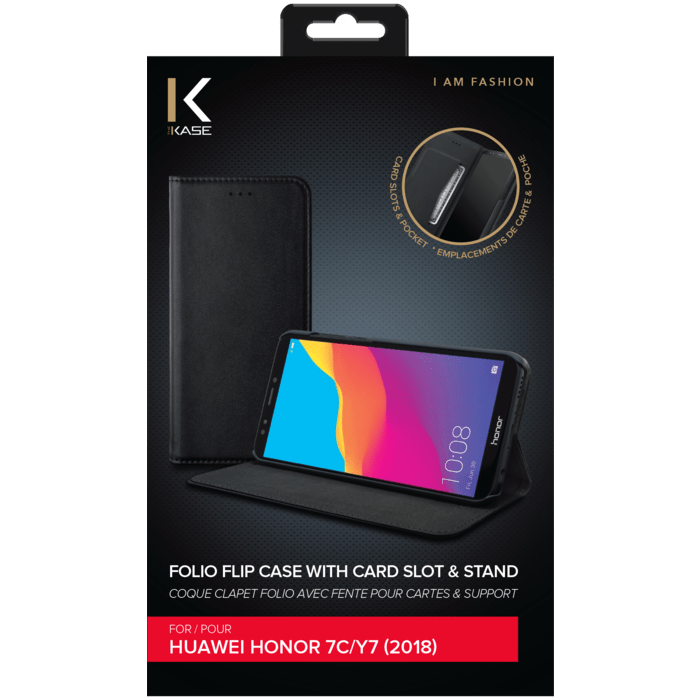 Coque clapet folio avec fente pour cartes & support pour Huawei Honor 7C/ Y7 (2018)  , Noir