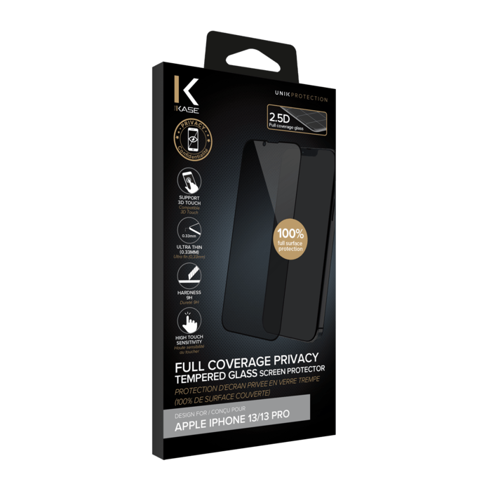Protection d'&eacute;cran Priv&eacute;e en verre tremp&eacute; (100% de surface couverte) pour Apple iPhone 13/13 Pro, Noir