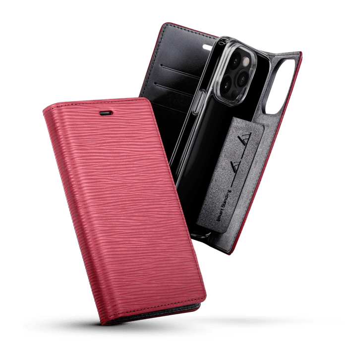 Diarycase 2.0 Coque clapet en cuir v&eacute;ritable avec support aimant&eacute; pour Apple iPhone 14 Pro, Rouge Bordeaux