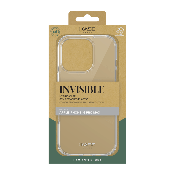 Coque hybride invisible fabriqu&eacute;e &agrave; 83 % de plastique recycl&eacute; pour Apple iPhone 16  Pro Max, transparente