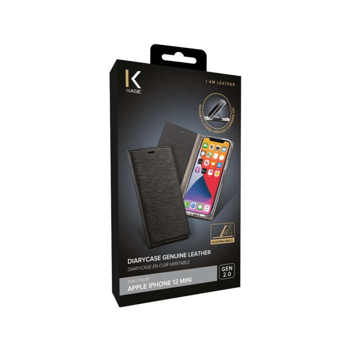 Diarycase 2.0 Coque clapet en cuir véritable avec support aimanté pour Apple iPhone 12 mini, Noir Minuit