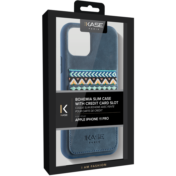 Coque slim Bohème avec fente pour carte de crédit pour Apple iPhone 11 Pro, Bleu persan