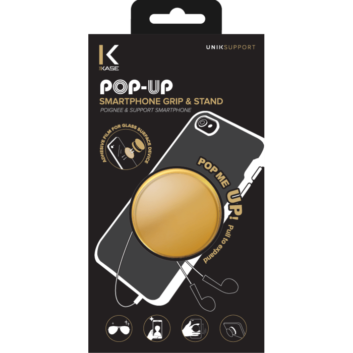 POP-UP poign&eacute;e & support smartphone, Or Chrom&eacute;