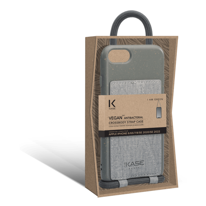 Coque antibact&eacute;rienne Vegan bio en bandouli&egrave;re pour Apple iPhone 6/6s/7/8/SE 2020/SE 2022, Gris lave