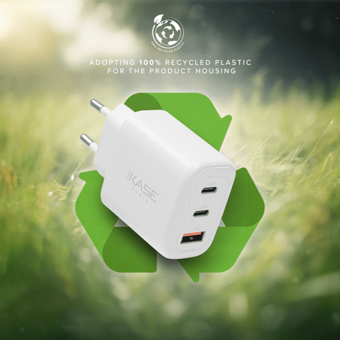 Chargeur Mural Trois Port Supreme+ Power GaN Fabriqu&eacute; Avec du 100% Plastique Recycl&eacute; - 65W (PPS), Blanc