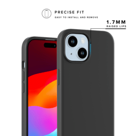 Coque antichoc en gel de silicone doux pour 55% de plastique recyclé Apple iPhone 15, Noir satin