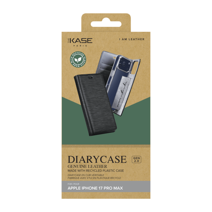 Diarycase 2.0 Coque clapet en cuir v&eacute;ritable avec support aimant&eacute; et fabriqu&eacute; avec un &eacute;tui en plastique recycl&eacute; pour Apple iPhone 17 Pro Max, Noir Minuit
