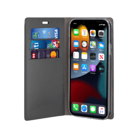 Diarycase 2.0 Coque clapet en cuir véritable avec support aimanté pour Apple iPhone 13 mini, Noir Minuit