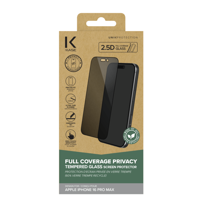 Protection d'&eacute;cran Priv&eacute;e en verre tremp&eacute; (60% verre tremp&eacute; recycl&eacute;) pour Apple iPhone 16 Pro Max, Noir