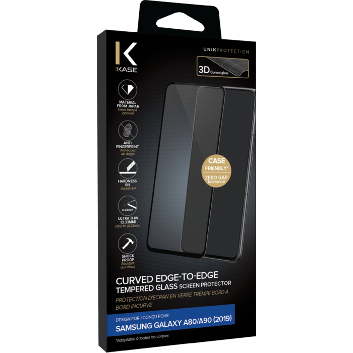 Protection d'&eacute;cran en verre tremp&eacute; Bord &agrave; Bord Incurv&eacute; pour Samsung Galaxy A80 2019, Noir