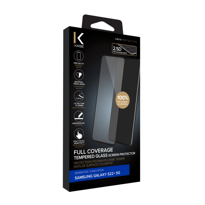Protection d'&eacute;cran en verre tremp&eacute; (100% de surface couverte) pour Samsung Galaxy S22+ 5G, Noir
