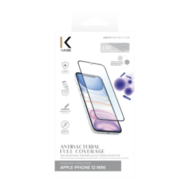 Protection d&rsquo;&eacute;cran antibact&eacute;rienne en verre tremp&eacute; ultra-r&eacute;sistant (100% de surface couverte) pour Apple iPhone 12 mini, Noir
