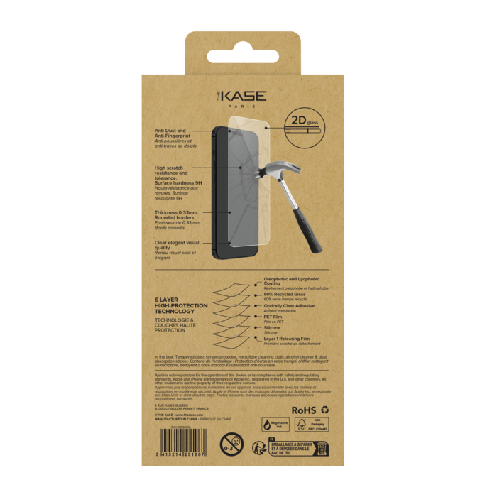 Protecteur d'écran en verre trempé de qualité supérieure (60% verre trempé recyclé) pour Apple iPhone 16, Transparent