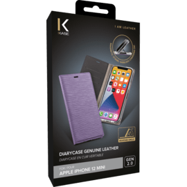 Diarycase 2.0 Coque clapet en cuir v&eacute;ritable avec support aimant&eacute; pour Apple iPhone 12 mini, Violet Lilas