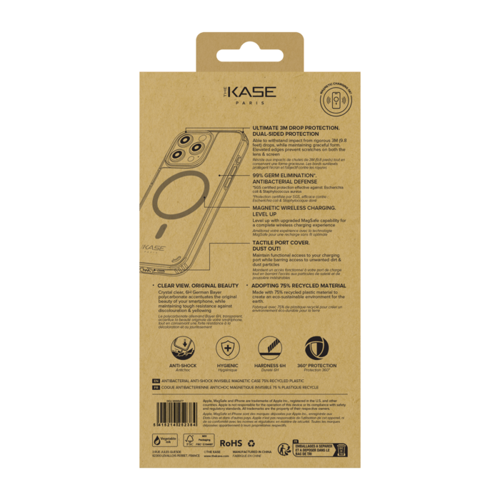 Coque antibact&eacute;rienne antichoc magn&eacute;tique invisible Fabriqu&eacute; Avec du 75% Plastique Recycl&eacute; pour Apple iPhone 16 Pro Max, Transparente