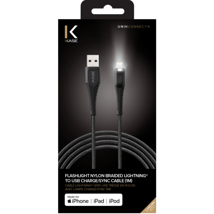 Câble Lightning® certifié MFI Apple vers USB tressé en nylon avec lampe Charge/Sync (1M), Noir