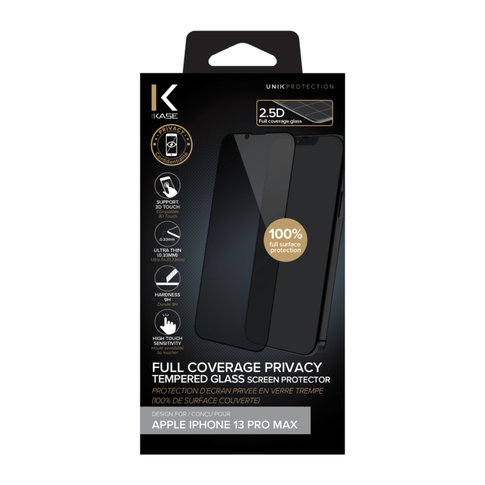 Protection d'&eacute;cran Priv&eacute;e en verre tremp&eacute; (100% de surface couverte) pour Apple iPhone 13 Pro Max, Noir