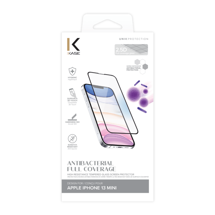 Protection d&rsquo;&eacute;cran antibact&eacute;rienne en verre tremp&eacute; ultra-r&eacute;sistant (100% de surface couverte) pour Apple iPhone 13 mini, Noir