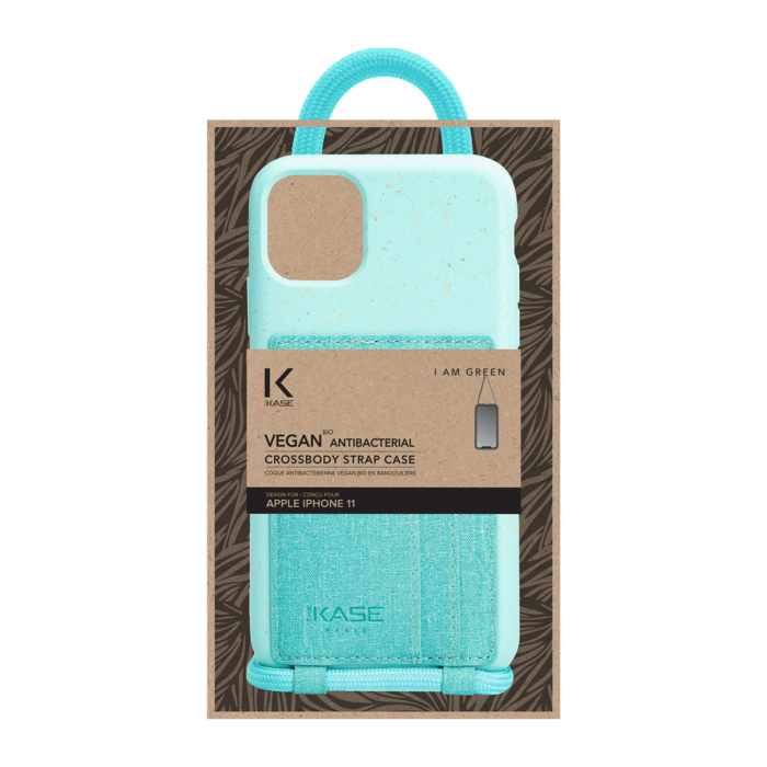 Coque antibact&eacute;rienne Vegan bio en bandouli&egrave;re pour Apple iPhone 11, Vert brumeux