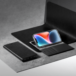 Diarycase 2.0 Coque clapet en cuir v&eacute;ritable avec support aimant&eacute; pour Apple iPhone 14, Minuit Noir