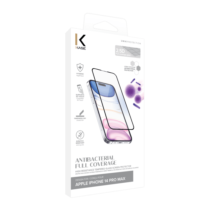 Protection d’écran antibactérienne en verre trempé ultra-résistant (100% de surface couverte) pour Apple iPhone 14 Pro Max, Noir