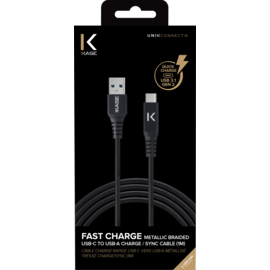 C&acirc;ble USB 3.1 Gen 2 charge rapide USB-C vers USB-A m&eacute;tallis&eacute; tress&eacute; Charge/sync (1M), Noir