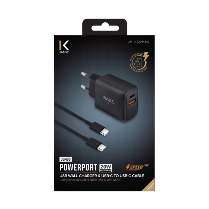 Chargeur mural PowerPort Speed LITE 20 W double USB UE + c&acirc;ble de charge/synchronisation rapide USB-C vers USB-C, noir