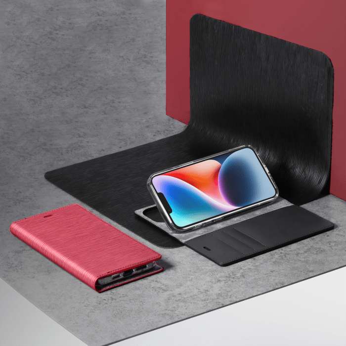 Diarycase 2.0 Coque clapet en cuir v&eacute;ritable avec support aimant&eacute; pour Apple iPhone 14, Rouge Bordeaux