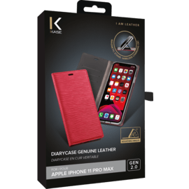 Diarycase 2.0 Etui à rabat en cuir véritable avec support magnétique pour Apple iPhone 11 Pro Max, Rouge Bordeaux