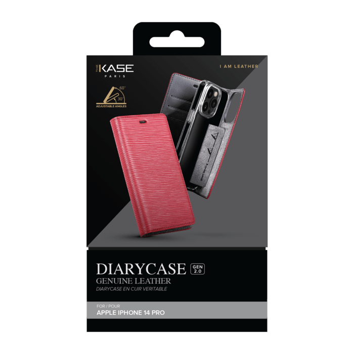 Diarycase 2.0 Coque clapet en cuir véritable avec support aimanté pour Apple iPhone 14 Pro, Rouge Bordeaux