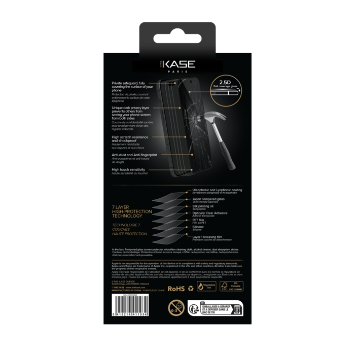 Protection d'&eacute;cran Priv&eacute;e en verre tremp&eacute; (100% de surface couverte) pour Apple iPhone 15, Noir