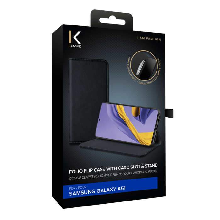 Coque clapet folio avec fente pour cartes & support pour Samsung Galaxy A51, Noir