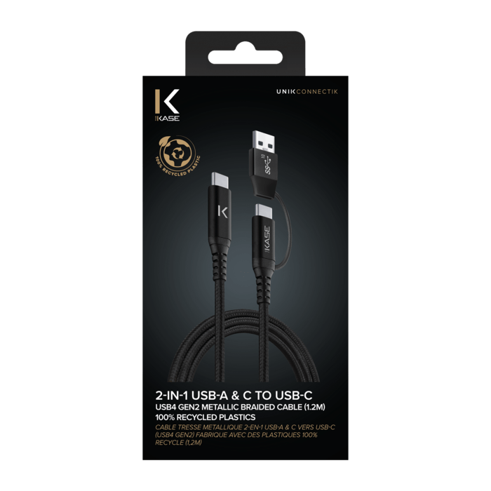 C&acirc;ble tress&eacute; m&eacute;tallique 2-en-1 USB-A & C vers USB-C (USB4 GEN2) fabriqu&eacute; avec des plastiques 100% recycl&eacute;s (1,2M)