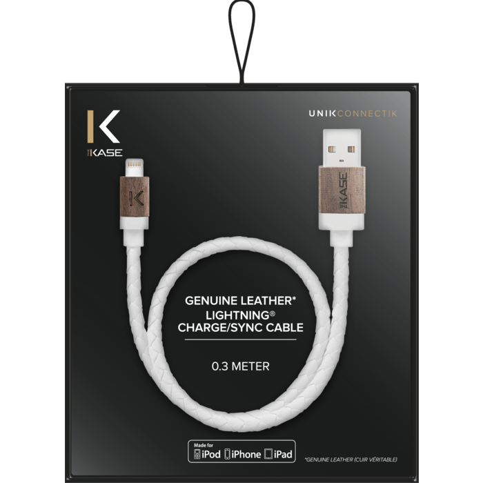 C&acirc;ble Lightning certifi&eacute; MFi Apple Charge/Sync (0.3M) Cuir veritable Bois de Noyer Blanc