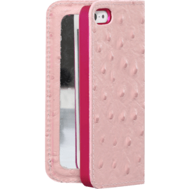 Coque Clapet avec miroir pour Apple iPhone 5/5s/SE, cuir Autruche Rose