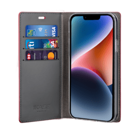 Diarycase 2.0 Coque clapet en cuir v&eacute;ritable avec support aimant&eacute; pour Apple iPhone 14, Rouge Bordeaux